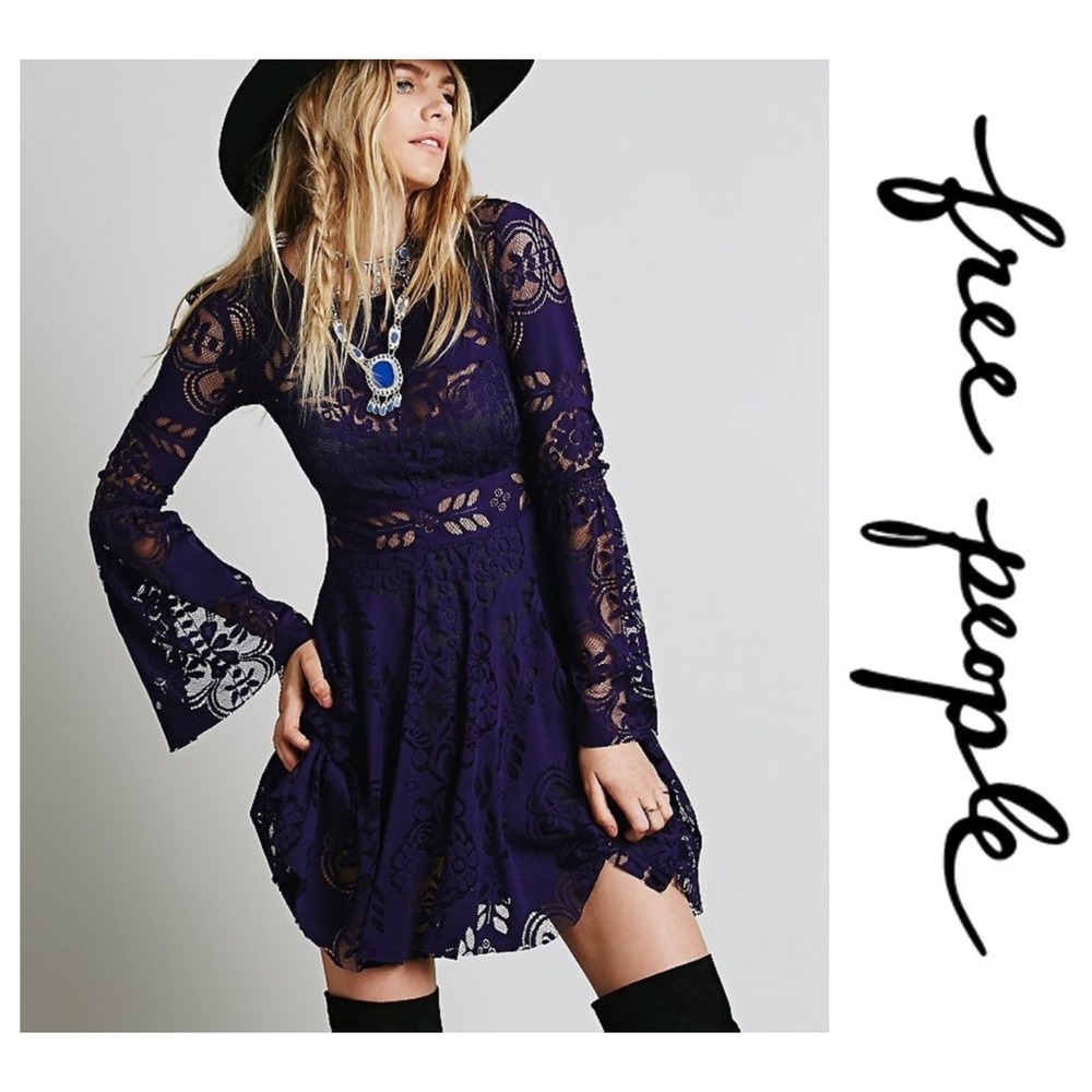 Free People Lover's Folk Song Purple Lace Bell Sleeve Mini Dress 6